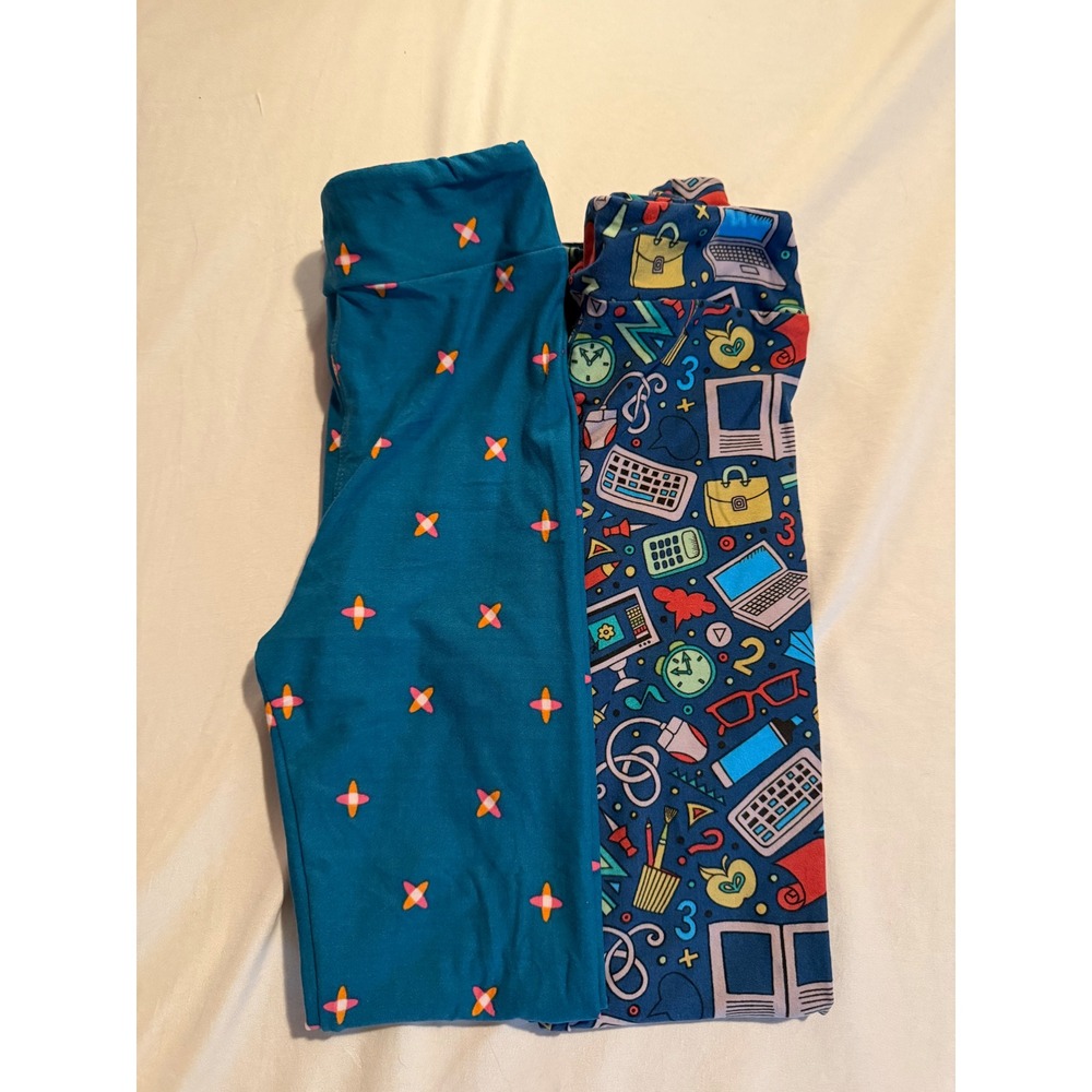LuLaRoe Kids L/XL Leggings Bundle School Novelty Print Teal Starburst 2 Pack